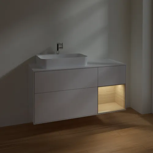 Bild von VILLEROY BOCH Finion Waschbeckenunterschrank, mit Beleuchtung, 3 Auszüge, 1200 x 603 x 501 mm, Glossy White Lacquer / Oak Veneer / Glass White Matt #F401PCGF