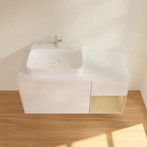 Bild von VILLEROY BOCH Finion Waschbeckenunterschrank, mit Beleuchtung, 3 Auszüge, 1200 x 603 x 501 mm, Glossy White Lacquer / Oak Veneer / Glass White Matt #F401PCGF