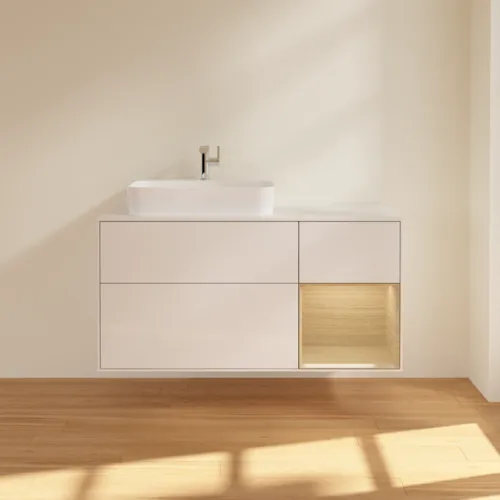 Bild von VILLEROY BOCH Finion Waschbeckenunterschrank, mit Beleuchtung, 3 Auszüge, 1200 x 603 x 501 mm, Glossy White Lacquer / Oak Veneer / Glass White Matt #F401PCGF