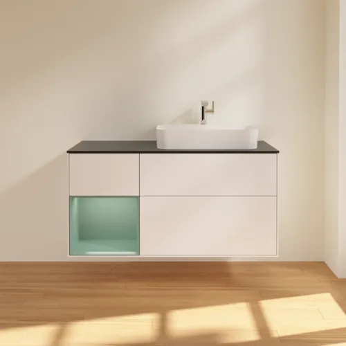 VILLEROY BOCH Finion Waschbeckenunterschrank, mit Beleuchtung, 3 Auszüge, 1200 x 603 x 501 mm, White Matt Lacquer / Olive Matt Lacquer / Glass Black Matt #F392GMMT, Bild 3