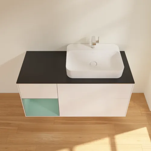 VILLEROY BOCH Finion Waschbeckenunterschrank, mit Beleuchtung, 3 Auszüge, 1200 x 603 x 501 mm, White Matt Lacquer / Olive Matt Lacquer / Glass Black Matt #F392GMMT, Bild 4