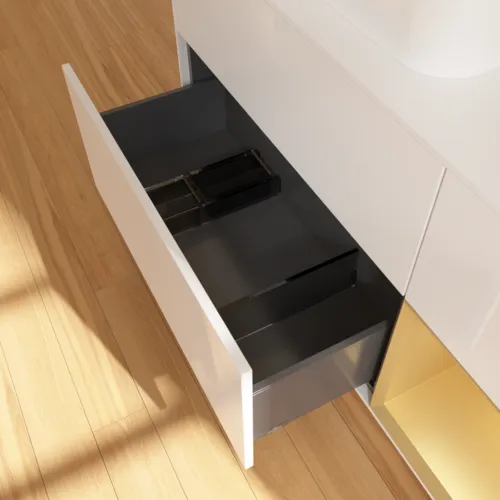 Bild von VILLEROY BOCH Finion Waschbeckenunterschrank, mit Beleuchtung, 3 Auszüge, 1200 x 603 x 501 mm, Glossy White Lacquer / Gold Matt Lacquer / Glass White Matt #F401HFGF
