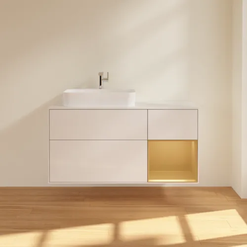 Bild von VILLEROY BOCH Finion Waschbeckenunterschrank, mit Beleuchtung, 3 Auszüge, 1200 x 603 x 501 mm, Glossy White Lacquer / Gold Matt Lacquer / Glass White Matt #F401HFGF