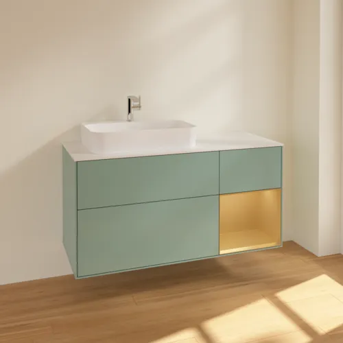 Bild von VILLEROY BOCH Finion Waschbeckenunterschrank, mit Beleuchtung, 3 Auszüge, 1200 x 603 x 501 mm, Olive Matt Lacquer / Gold Matt Lacquer / Glass White Matt #F401HFGM
