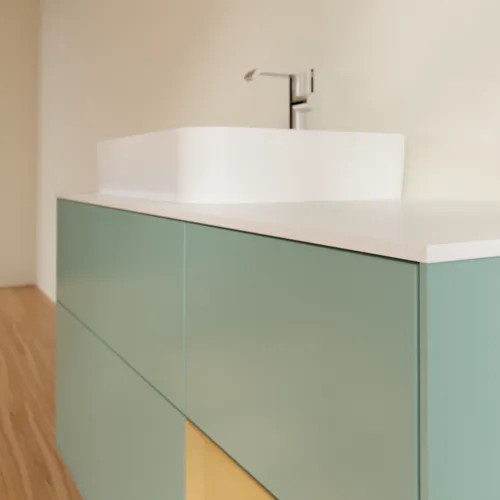 Bild von VILLEROY BOCH Finion Waschbeckenunterschrank, mit Beleuchtung, 3 Auszüge, 1200 x 603 x 501 mm, Olive Matt Lacquer / Gold Matt Lacquer / Glass White Matt #F401HFGM
