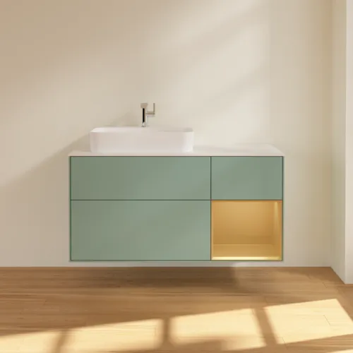 Bild von VILLEROY BOCH Finion Waschbeckenunterschrank, mit Beleuchtung, 3 Auszüge, 1200 x 603 x 501 mm, Olive Matt Lacquer / Gold Matt Lacquer / Glass White Matt #F401HFGM