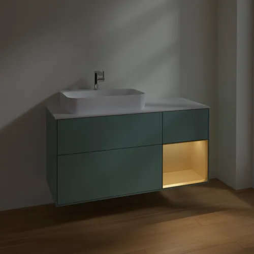 Bild von VILLEROY BOCH Finion Waschbeckenunterschrank, mit Beleuchtung, 3 Auszüge, 1200 x 603 x 501 mm, Olive Matt Lacquer / Gold Matt Lacquer / Glass White Matt #F401HFGM