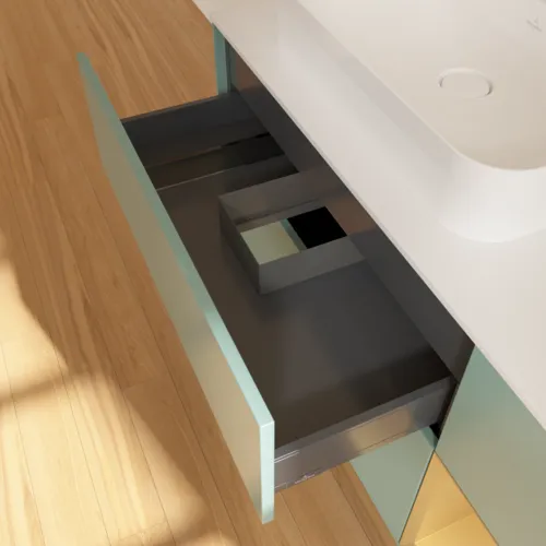 Bild von VILLEROY BOCH Finion Waschbeckenunterschrank, mit Beleuchtung, 3 Auszüge, 1200 x 603 x 501 mm, Olive Matt Lacquer / Gold Matt Lacquer / Glass White Matt #F401HFGM