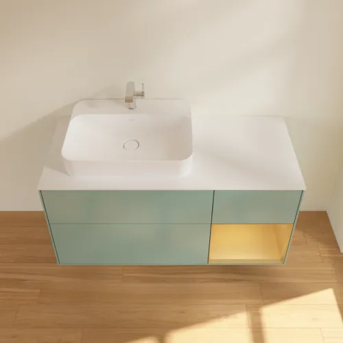 Bild von VILLEROY BOCH Finion Waschbeckenunterschrank, mit Beleuchtung, 3 Auszüge, 1200 x 603 x 501 mm, Olive Matt Lacquer / Gold Matt Lacquer / Glass White Matt #F401HFGM