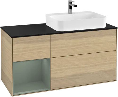 Picture of VILLEROY BOCH Finion Vanity unit, with lighting, 3 pull-out compartments, 1200 x 603 x 501 mm, Oak Veneer / Olive Matt Lacquer / Glass Black Matt #F392GMPC