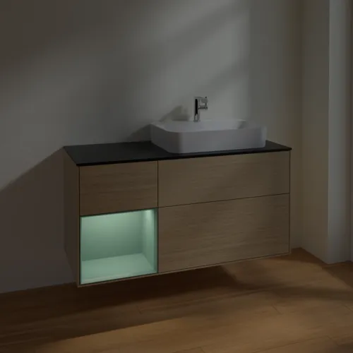 Bild von VILLEROY BOCH Finion Waschbeckenunterschrank, mit Beleuchtung, 3 Auszüge, 1200 x 603 x 501 mm, Oak Veneer / Olive Matt Lacquer / Glass Black Matt #F392GMPC