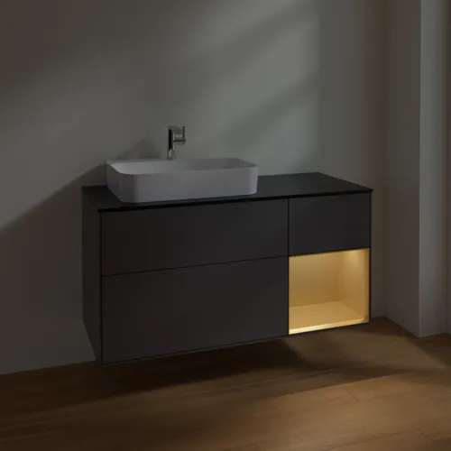 Bild von VILLEROY BOCH Finion Waschbeckenunterschrank, mit Beleuchtung, 3 Auszüge, 1200 x 603 x 501 mm, Anthracite Matt Lacquer / Gold Matt Lacquer / Glass Black Matt #F402HFGK