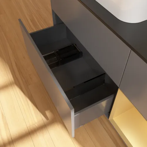 Bild von VILLEROY BOCH Finion Waschbeckenunterschrank, mit Beleuchtung, 3 Auszüge, 1200 x 603 x 501 mm, Anthracite Matt Lacquer / Gold Matt Lacquer / Glass Black Matt #F402HFGK