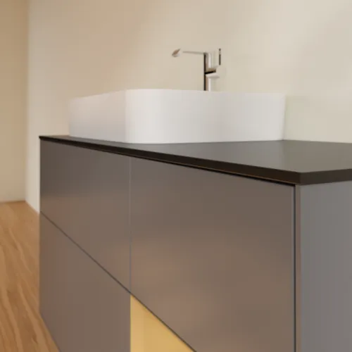 Bild von VILLEROY BOCH Finion Waschbeckenunterschrank, mit Beleuchtung, 3 Auszüge, 1200 x 603 x 501 mm, Anthracite Matt Lacquer / Gold Matt Lacquer / Glass Black Matt #F402HFGK