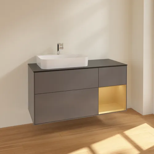Bild von VILLEROY BOCH Finion Waschbeckenunterschrank, mit Beleuchtung, 3 Auszüge, 1200 x 603 x 501 mm, Anthracite Matt Lacquer / Gold Matt Lacquer / Glass Black Matt #F402HFGK