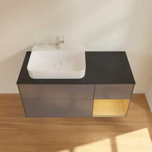 Bild von VILLEROY BOCH Finion Waschbeckenunterschrank, mit Beleuchtung, 3 Auszüge, 1200 x 603 x 501 mm, Anthracite Matt Lacquer / Gold Matt Lacquer / Glass Black Matt #F402HFGK