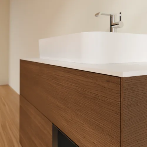 VILLEROY BOCH Finion Waschbeckenunterschrank, mit Beleuchtung, 2 Auszüge, 1000 x 603 x 501 mm, Walnut Veneer / Black Matt Lacquer / Glass White Matt #F371PDGN, Bild 6