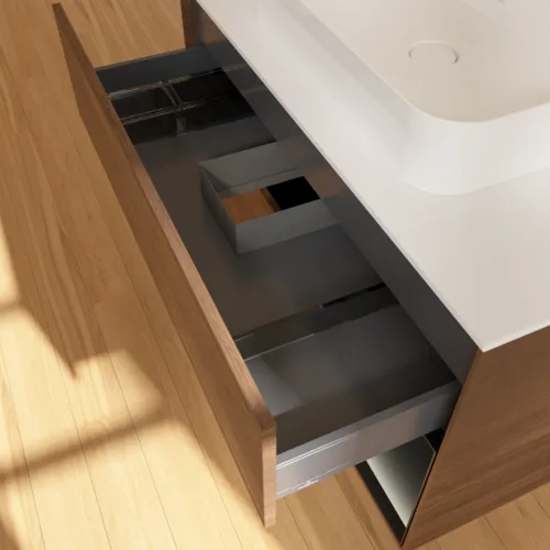 VILLEROY BOCH Finion Waschbeckenunterschrank, mit Beleuchtung, 2 Auszüge, 1000 x 603 x 501 mm, Walnut Veneer / Black Matt Lacquer / Glass White Matt #F371PDGN, Bild 8