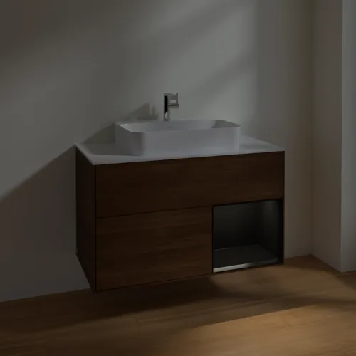VILLEROY BOCH Finion Waschbeckenunterschrank, mit Beleuchtung, 2 Auszüge, 1000 x 603 x 501 mm, Walnut Veneer / Black Matt Lacquer / Glass White Matt #F371PDGN, Bild 5