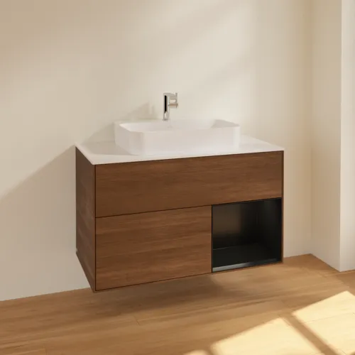 VILLEROY BOCH Finion Waschbeckenunterschrank, mit Beleuchtung, 2 Auszüge, 1000 x 603 x 501 mm, Walnut Veneer / Black Matt Lacquer / Glass White Matt #F371PDGN, Bild 2