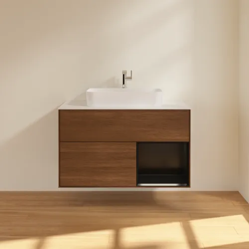 VILLEROY BOCH Finion Waschbeckenunterschrank, mit Beleuchtung, 2 Auszüge, 1000 x 603 x 501 mm, Walnut Veneer / Black Matt Lacquer / Glass White Matt #F371PDGN, Bild 3