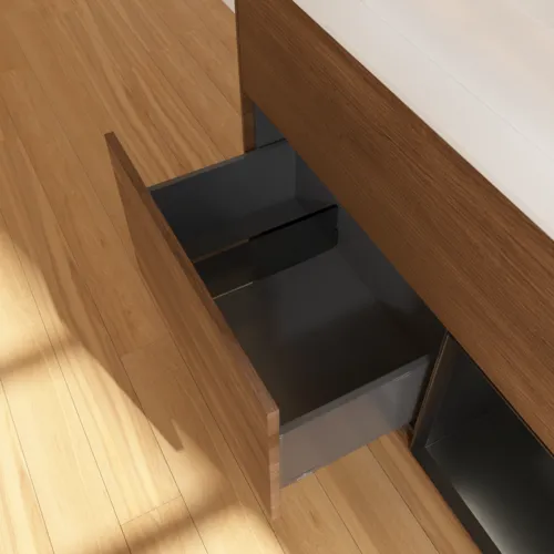 VILLEROY BOCH Finion Waschbeckenunterschrank, mit Beleuchtung, 2 Auszüge, 1000 x 603 x 501 mm, Walnut Veneer / Black Matt Lacquer / Glass White Matt #F371PDGN, Bild 7