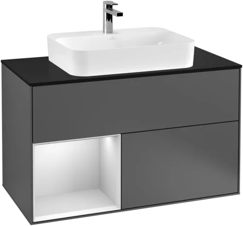 Obrázek VILLEROY BOCH Toaletní skříňka Finion, s osvětlením, 2 výsuvy, 1000 x 603 x 501 mm, antracitový matný lak / bílý matný lak / černé matné sklo #F362MTGK