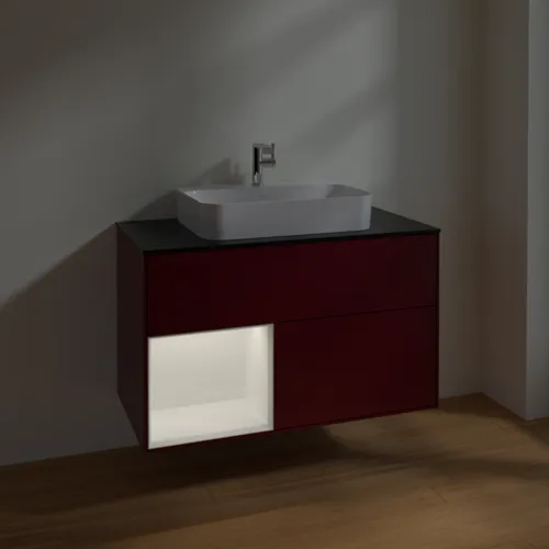 Bild von VILLEROY BOCH Finion Waschbeckenunterschrank, mit Beleuchtung, 2 Auszüge, 1000 x 603 x 501 mm, Peony Matt Lacquer / White Matt Lacquer / Glass Black Matt #F362MTHB