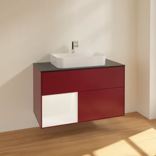 Bild von VILLEROY BOCH Finion Waschbeckenunterschrank, mit Beleuchtung, 2 Auszüge, 1000 x 603 x 501 mm, Peony Matt Lacquer / White Matt Lacquer / Glass Black Matt #F362MTHB