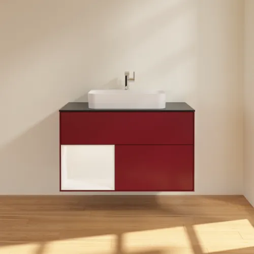 Bild von VILLEROY BOCH Finion Waschbeckenunterschrank, mit Beleuchtung, 2 Auszüge, 1000 x 603 x 501 mm, Peony Matt Lacquer / White Matt Lacquer / Glass Black Matt #F362MTHB
