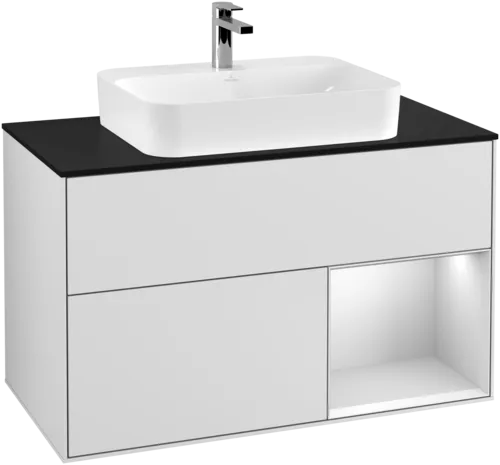 VILLEROY BOCH Finion Vanity unit, with lighting, 2 pull-out compartments, 1000 x 603 x 501 mm, White Matt Lacquer / White Matt Lacquer / Glass Black Matt #F372MTMT resmi