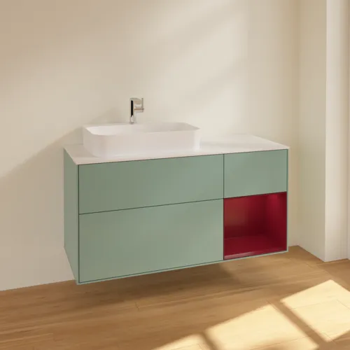 VILLEROY BOCH Finion Waschbeckenunterschrank, mit Beleuchtung, 3 Auszüge, 1200 x 603 x 501 mm, Olive Matt Lacquer / Peony Matt Lacquer / Glass White Matt #F401HBGM, Bild 2