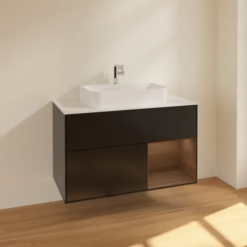 Picture of VILLEROY BOCH Finion Vanity unit, with lighting, 2 pull-out compartments, 1000 x 603 x 501 mm, Black Matt Lacquer / Walnut Veneer / Glass White Matt #F371GNPD