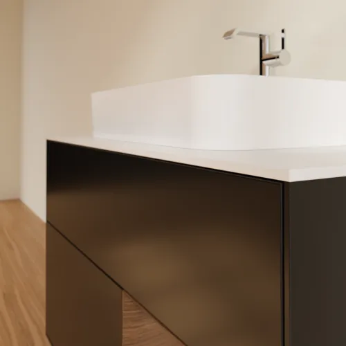 Picture of VILLEROY BOCH Finion Vanity unit, with lighting, 2 pull-out compartments, 1000 x 603 x 501 mm, Black Matt Lacquer / Walnut Veneer / Glass White Matt #F371GNPD
