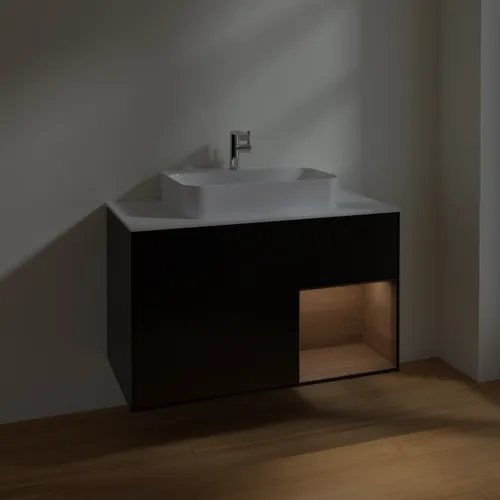 Picture of VILLEROY BOCH Finion Vanity unit, with lighting, 2 pull-out compartments, 1000 x 603 x 501 mm, Black Matt Lacquer / Walnut Veneer / Glass White Matt #F371GNPD