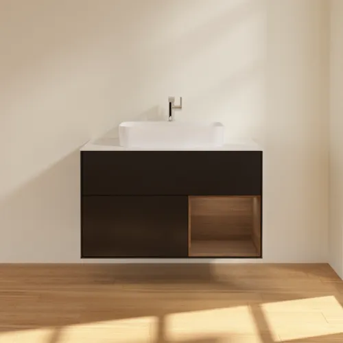 Picture of VILLEROY BOCH Finion Vanity unit, with lighting, 2 pull-out compartments, 1000 x 603 x 501 mm, Black Matt Lacquer / Walnut Veneer / Glass White Matt #F371GNPD