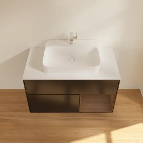 Picture of VILLEROY BOCH Finion Vanity unit, with lighting, 2 pull-out compartments, 1000 x 603 x 501 mm, Black Matt Lacquer / Walnut Veneer / Glass White Matt #F371GNPD