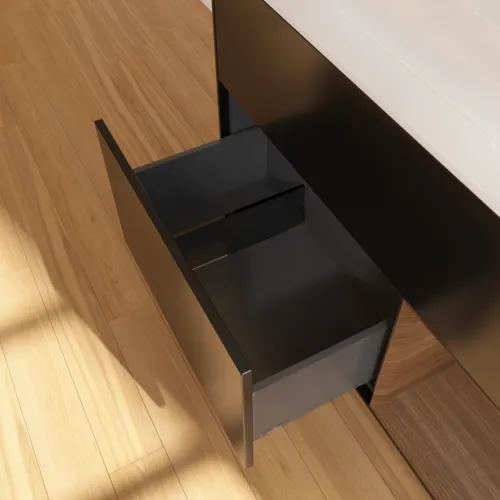 Picture of VILLEROY BOCH Finion Vanity unit, with lighting, 2 pull-out compartments, 1000 x 603 x 501 mm, Black Matt Lacquer / Walnut Veneer / Glass White Matt #F371GNPD