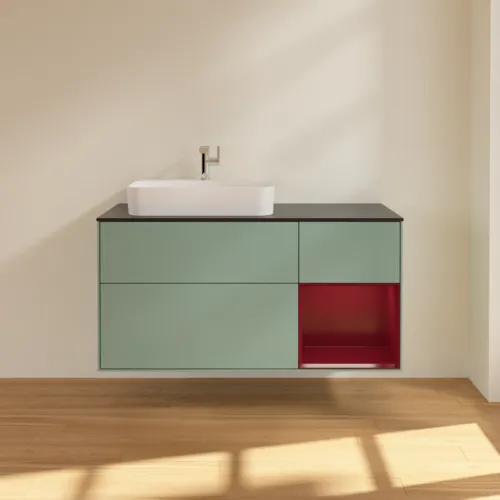 Bild von VILLEROY BOCH Finion Waschbeckenunterschrank, mit Beleuchtung, 3 Auszüge, 1200 x 603 x 501 mm, Olive Matt Lacquer / Peony Matt Lacquer / Glass Black Matt #F402HBGM