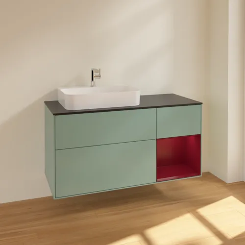 Bild von VILLEROY BOCH Finion Waschbeckenunterschrank, mit Beleuchtung, 3 Auszüge, 1200 x 603 x 501 mm, Olive Matt Lacquer / Peony Matt Lacquer / Glass Black Matt #F402HBGM