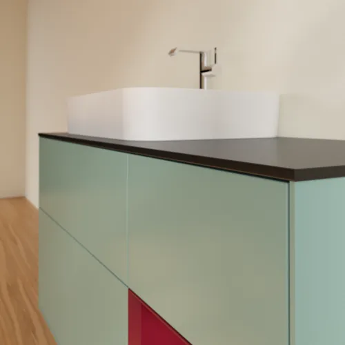 Bild von VILLEROY BOCH Finion Waschbeckenunterschrank, mit Beleuchtung, 3 Auszüge, 1200 x 603 x 501 mm, Olive Matt Lacquer / Peony Matt Lacquer / Glass Black Matt #F402HBGM