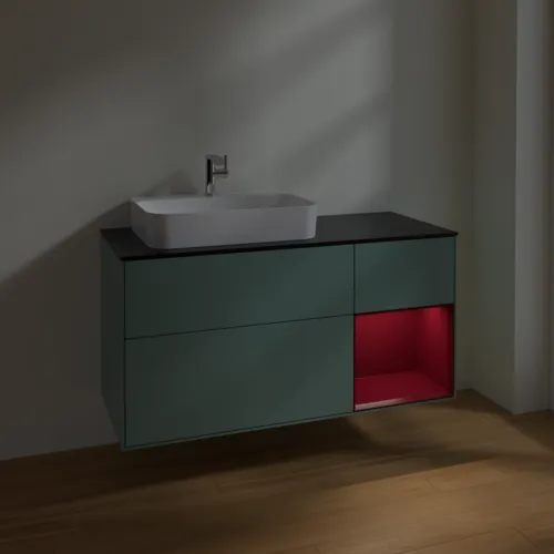 Bild von VILLEROY BOCH Finion Waschbeckenunterschrank, mit Beleuchtung, 3 Auszüge, 1200 x 603 x 501 mm, Olive Matt Lacquer / Peony Matt Lacquer / Glass Black Matt #F402HBGM