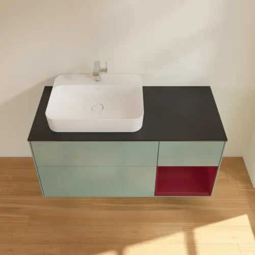 Bild von VILLEROY BOCH Finion Waschbeckenunterschrank, mit Beleuchtung, 3 Auszüge, 1200 x 603 x 501 mm, Olive Matt Lacquer / Peony Matt Lacquer / Glass Black Matt #F402HBGM