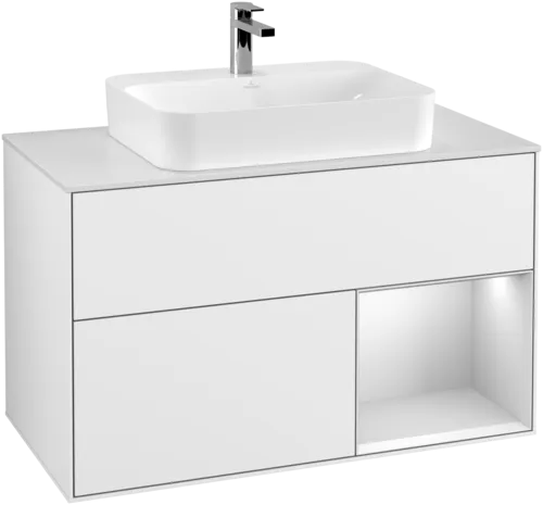 VILLEROY BOCH Finion Vanity unit, with lighting, 2 pull-out compartments, 1000 x 603 x 501 mm, Glossy White Lacquer / White Matt Lacquer / Glass White Matt #F371MTGF resmi