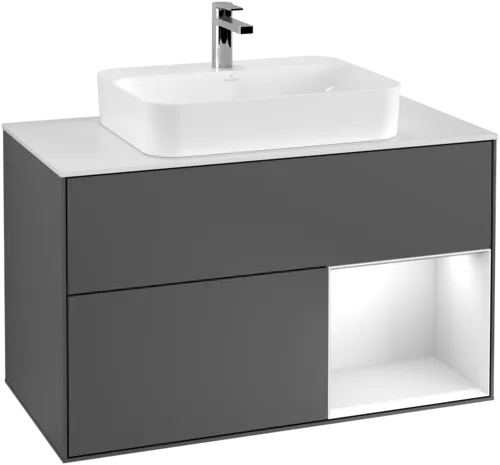 Obrázek VILLEROY BOCH Toaletní skříňka Finion, s osvětlením, 2 výsuvy, 1000 x 603 x 501 mm, antracitový matný lak / bílý matný lak / bílé matné sklo #F371MTGK