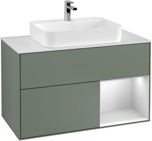 VILLEROY BOCH Finion Vanity unit, with lighting, 2 pull-out compartments, 1000 x 603 x 501 mm, Olive Matt Lacquer / White Matt Lacquer / Glass White Matt #F371MTGM resmi