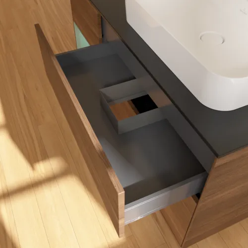 VILLEROY BOCH Finion Waschbeckenunterschrank, mit Beleuchtung, 3 Auszüge, 1200 x 603 x 501 mm, Walnut Veneer / Olive Matt Lacquer / Glass Black Matt #F392GMGN, Bild 8