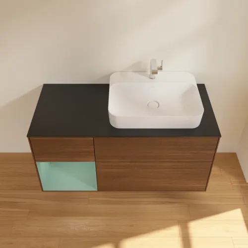 VILLEROY BOCH Finion Waschbeckenunterschrank, mit Beleuchtung, 3 Auszüge, 1200 x 603 x 501 mm, Walnut Veneer / Olive Matt Lacquer / Glass Black Matt #F392GMGN, Bild 4