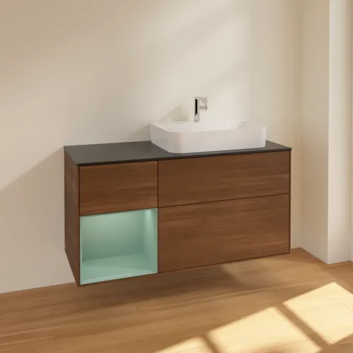 VILLEROY BOCH Finion Waschbeckenunterschrank, mit Beleuchtung, 3 Auszüge, 1200 x 603 x 501 mm, Walnut Veneer / Olive Matt Lacquer / Glass Black Matt #F392GMGN, Bild 2