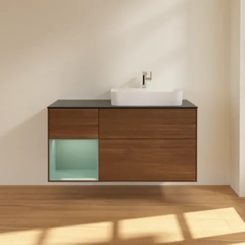 VILLEROY BOCH Finion Waschbeckenunterschrank, mit Beleuchtung, 3 Auszüge, 1200 x 603 x 501 mm, Walnut Veneer / Olive Matt Lacquer / Glass Black Matt #F392GMGN, Bild 3